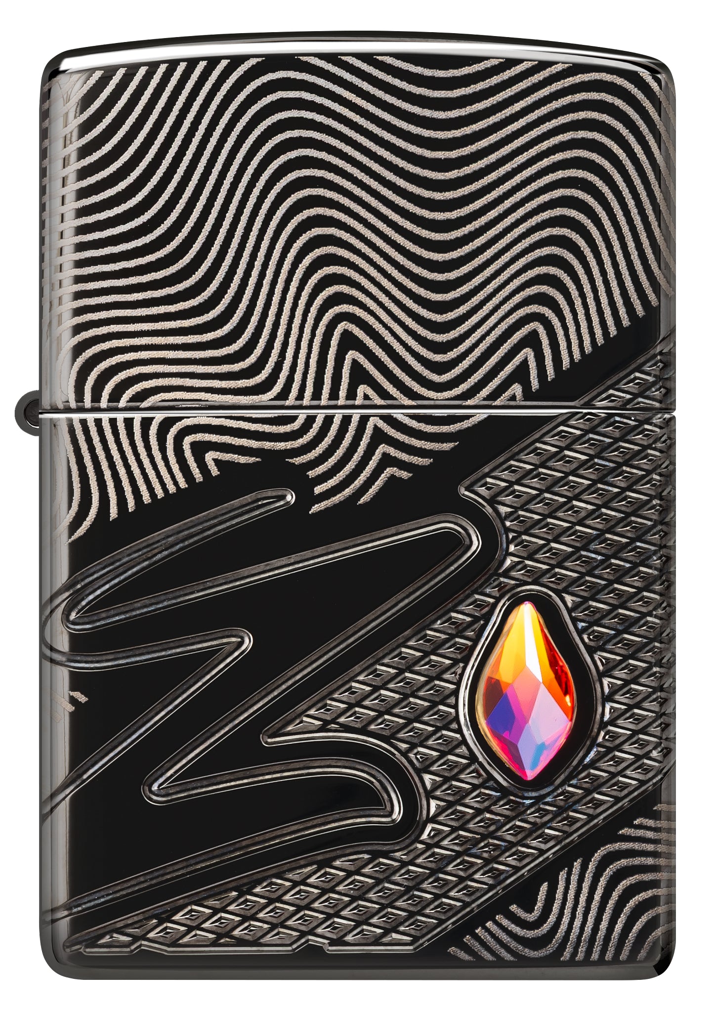 Front view of Zippo Z Crystal Design Armor® High Polish Black Windproof Lighter.
