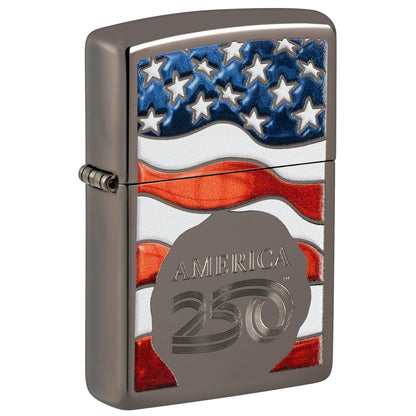 Front shot of Zippo America250 Flag Design Black Ice Windproof Lighter standing at a 3/4 angle.