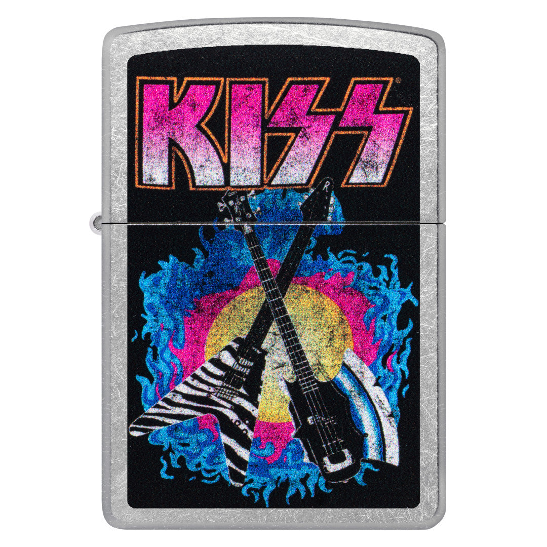 Front view of Zippo KISS® Axe Bass Design Street Chrome Windproof Lighter.