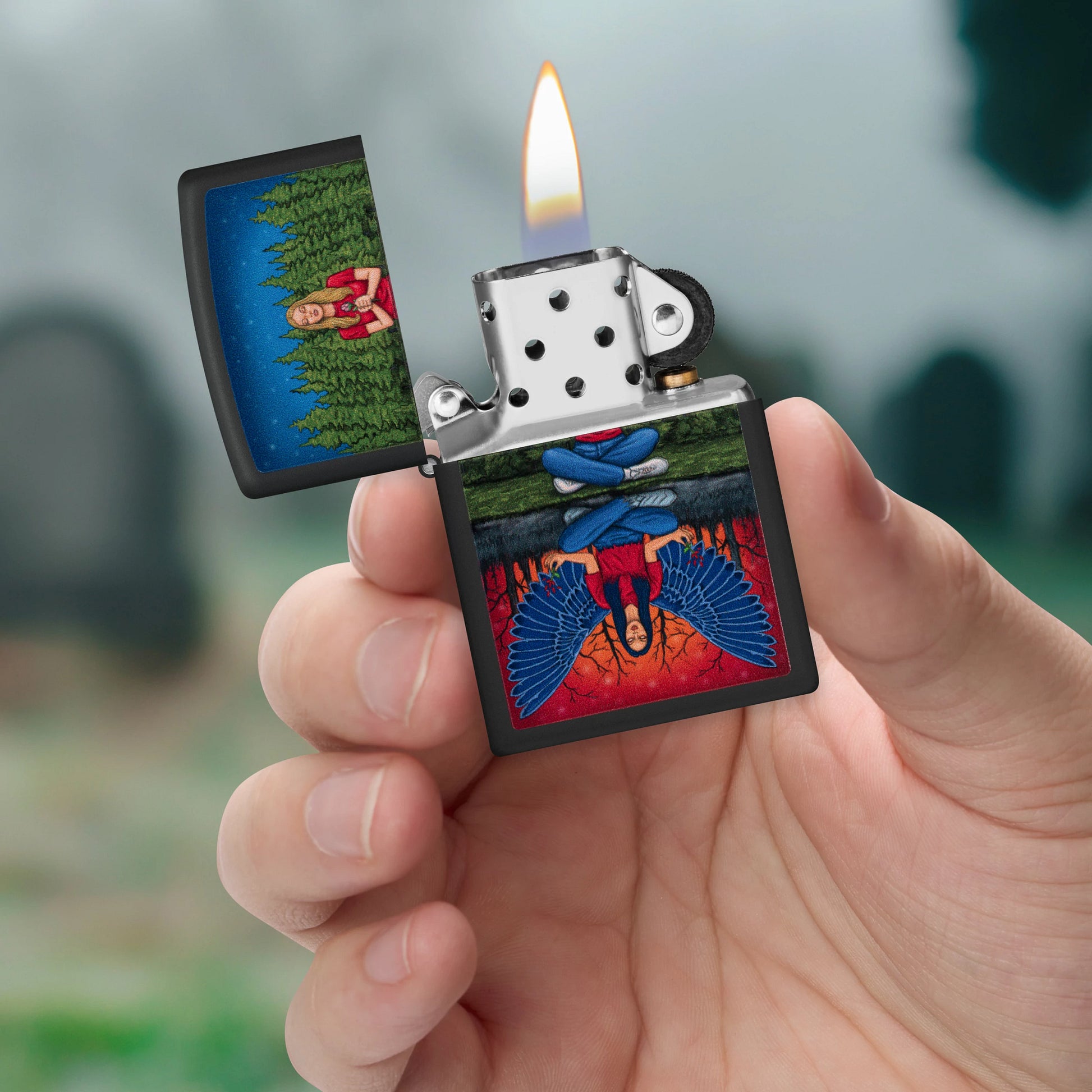 Zippo Dual State Design Black Matte Windproof Lighter lit in hand.