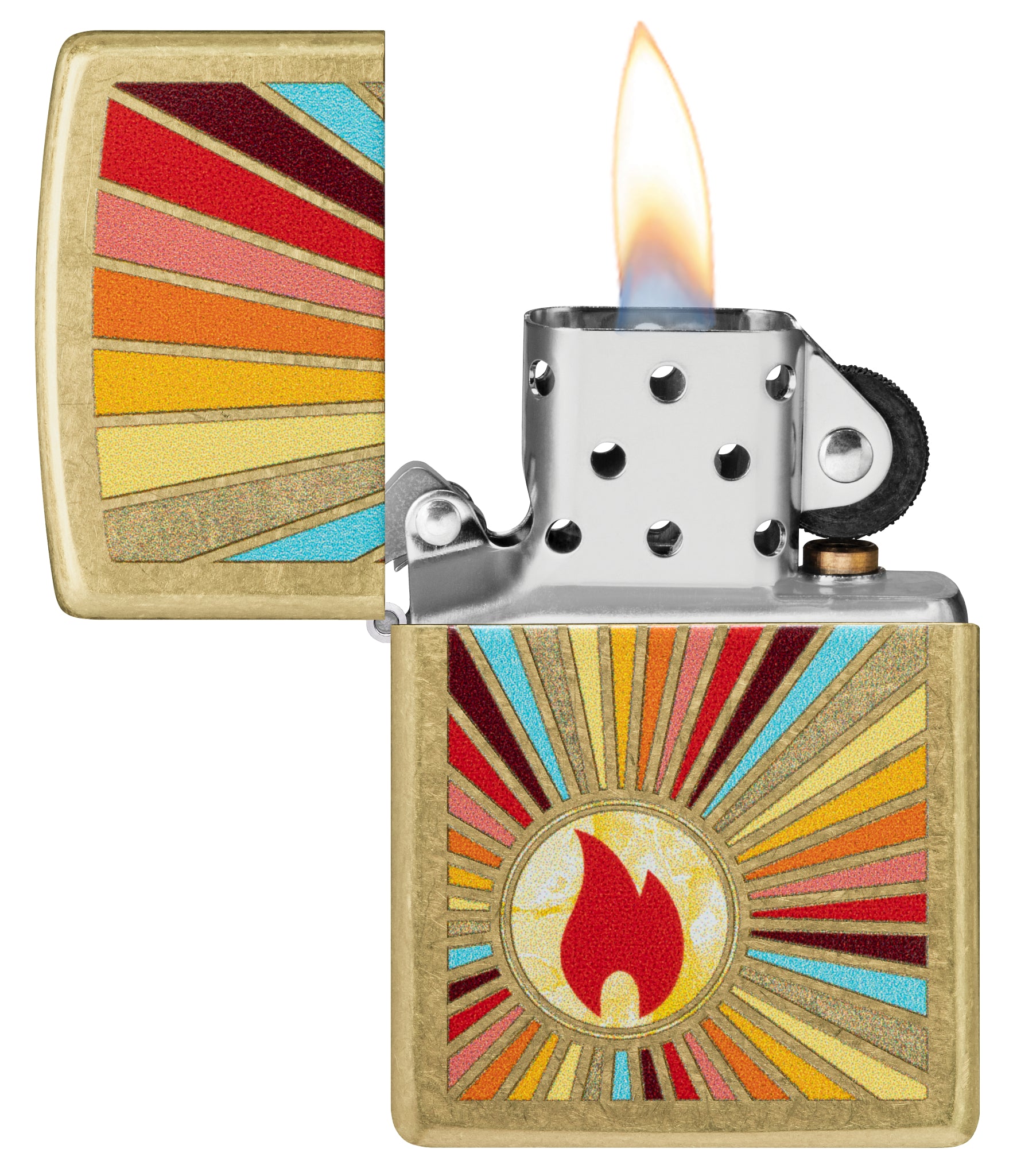 Zippo Beaming Flame Design Street Brass Windproof Lighter with its lid open and lit.