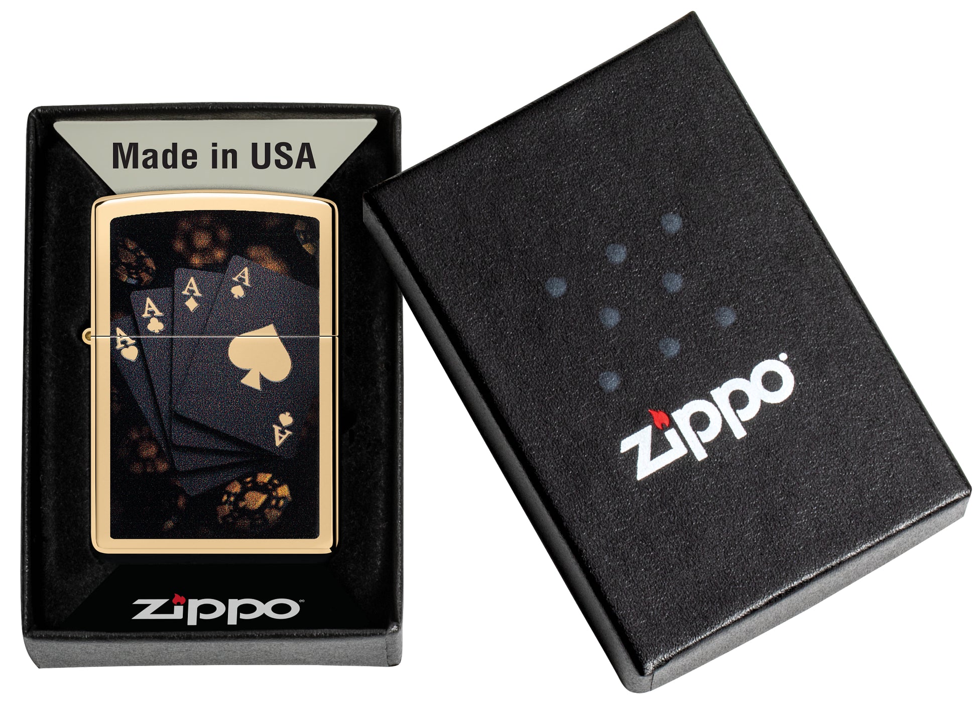 Zippo Lucky Aces Design High Polish Brass in its packaging.