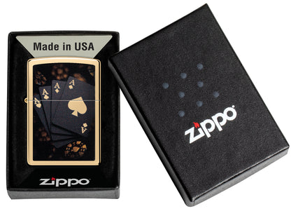 Zippo Lucky Aces Design High Polish Brass in its packaging.