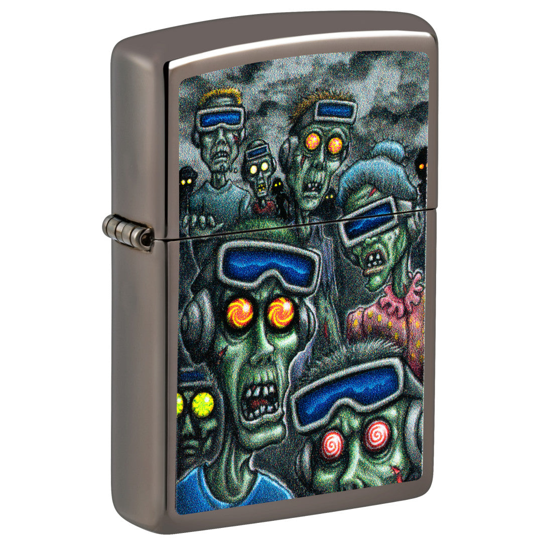 Front shot of Zippo Zombie Escape Design Black Ice® Windproof Lighter standing at a 3/4 angle.