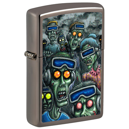 Front shot of Zippo Zombie Escape Design Black Ice® Windproof Lighter standing at a 3/4 angle.