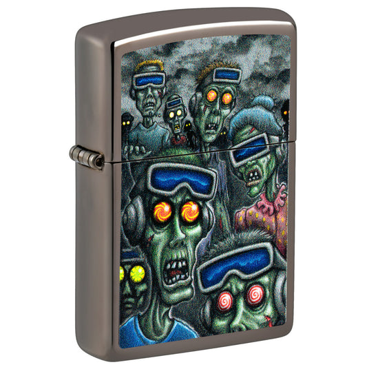 Front shot of Zippo Zombie Escape Design Black Ice® Windproof Lighter standing at a 3/4 angle.