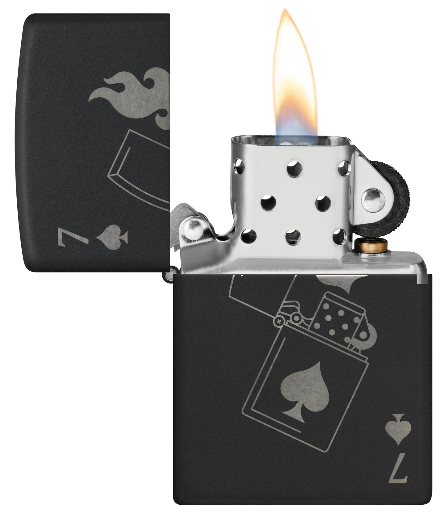 Zippo Lucky 7 Design Black Matte With Chrome Windproof Lighter with its lid open and lit.