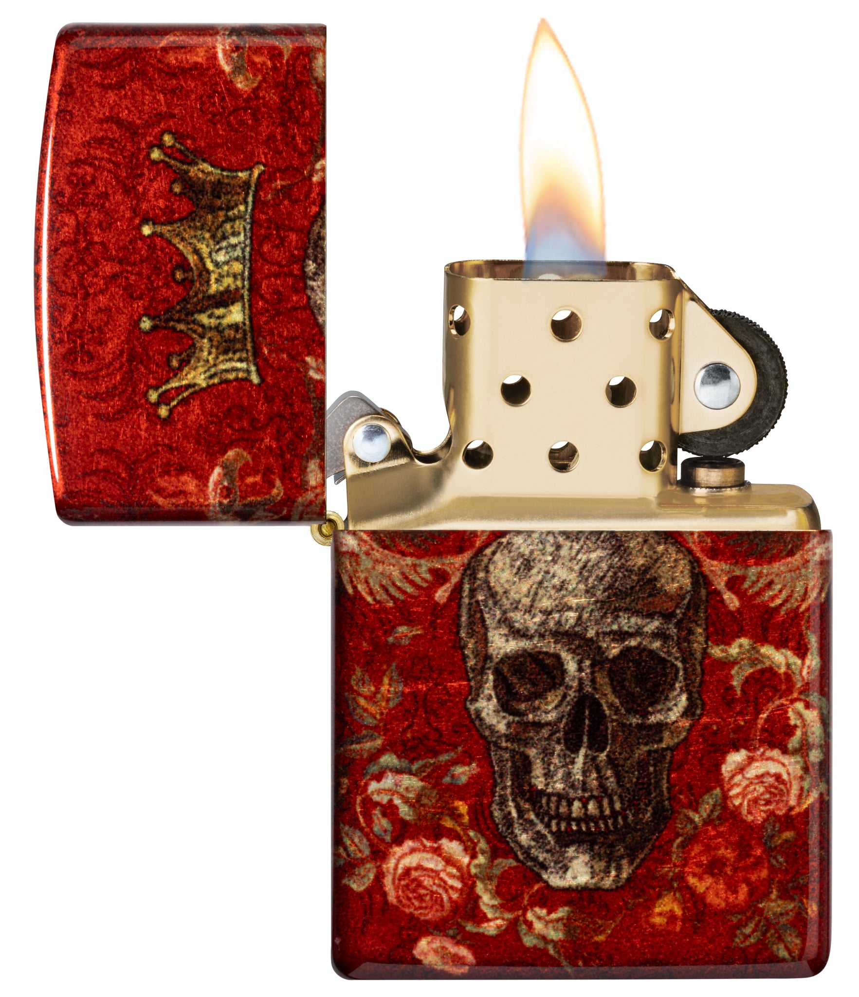 Zippo Skull Heraldry Design Tumbled Brass Windproof Lighter with its lid open and lit.
