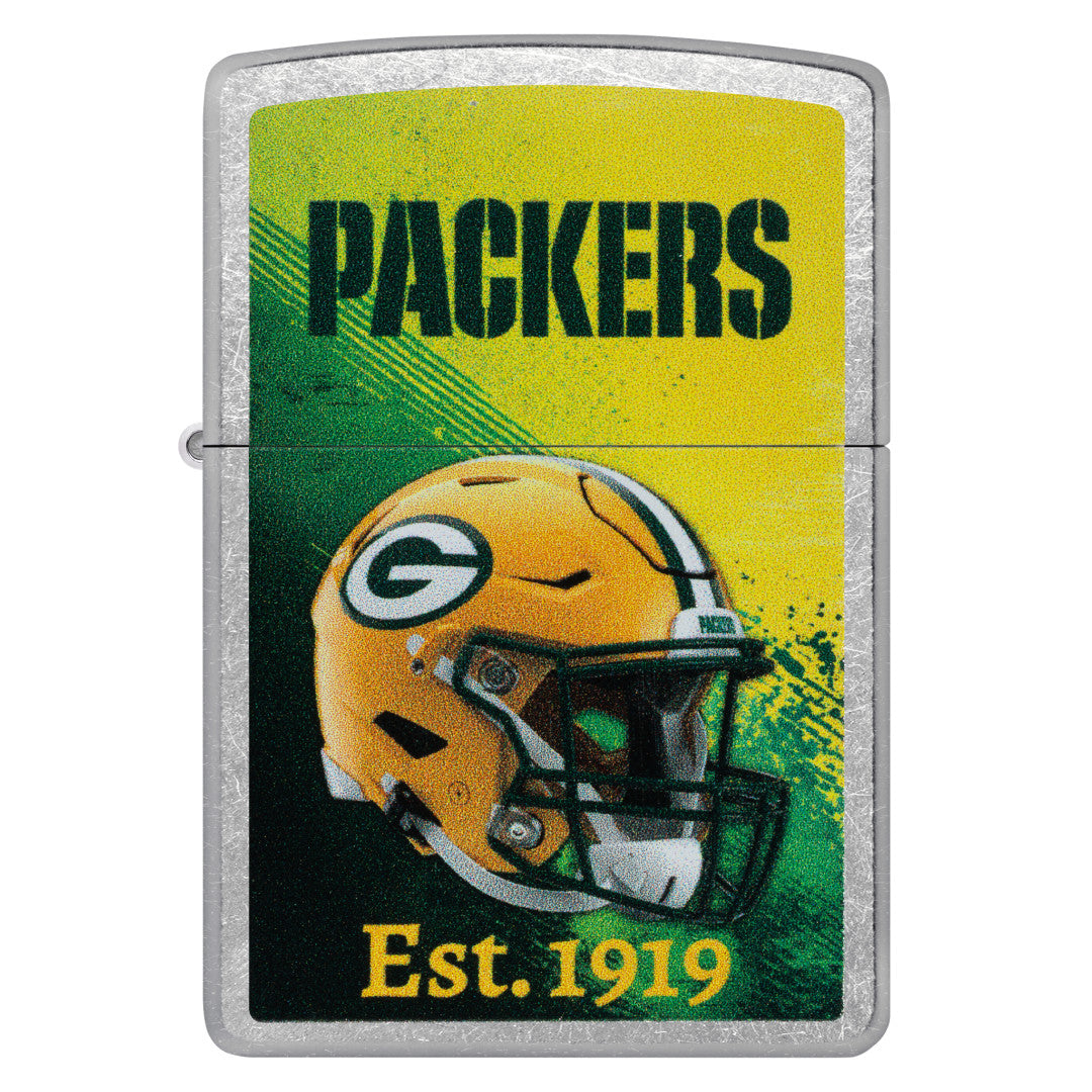 Front view of Zippo NFL Green Bay Packers Helmet Design Street Chrome Windproof Lighter.