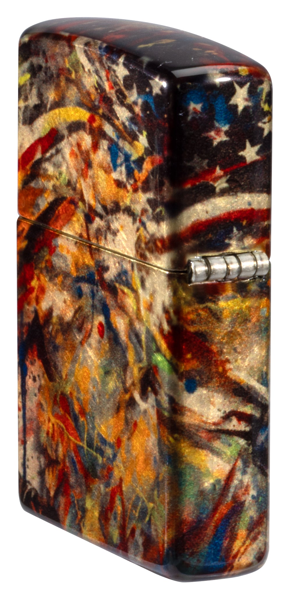 Angled shot of  Zippo Uncle Sam Fusion Design 540 Tumbled Brass Windproof Lighter showing the back and hinge side of the lighter.