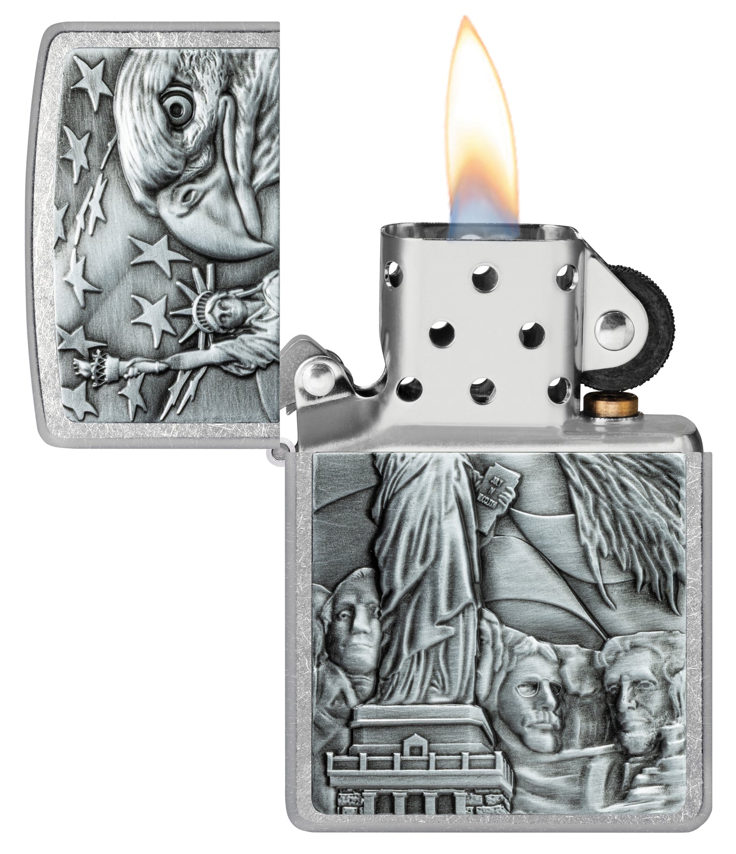 Zippo American Icons Emblem Street Chrome Windproof Lighter with its lid open and lit.