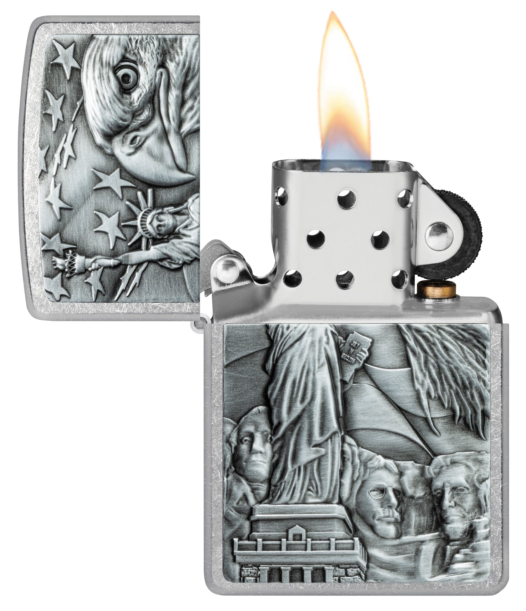 Zippo American Icons Emblem Street Chrome Windproof Lighter with its lid open and lit.