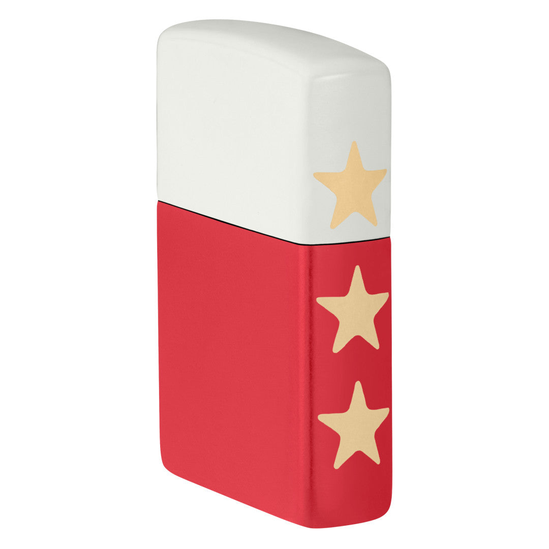 Angled shot of  Zippo 250th Anniversary Special Edition White and Red Matte Windproof Lighter showing the front and non-hinge side of the lighter.
