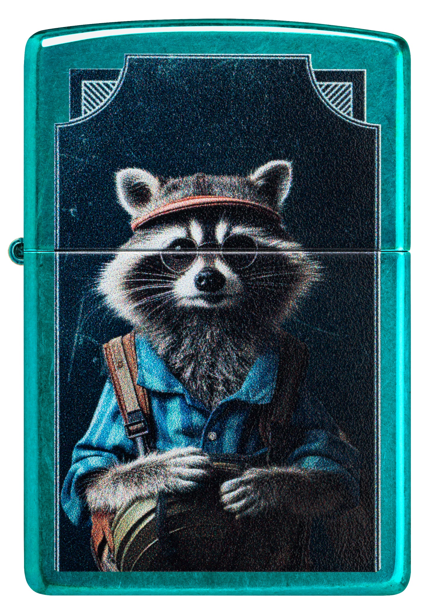 Front view of Zippo Refined Raccoon Design Translucent Candy Teal Windproof Lighter.