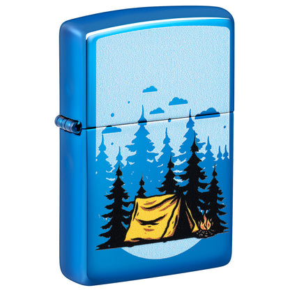 Front shot of Zippo Forest Flicker Design High Polish Blue Windproof Lighter standing at a 3/4 angle.