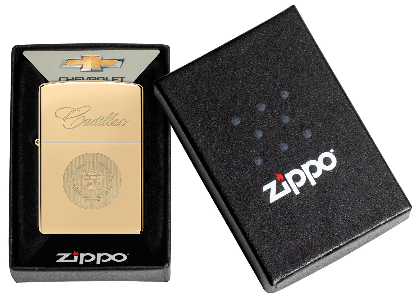 Zippo Cadillac® Crest  High Polish Brass Windproof Lighter in its packaging.