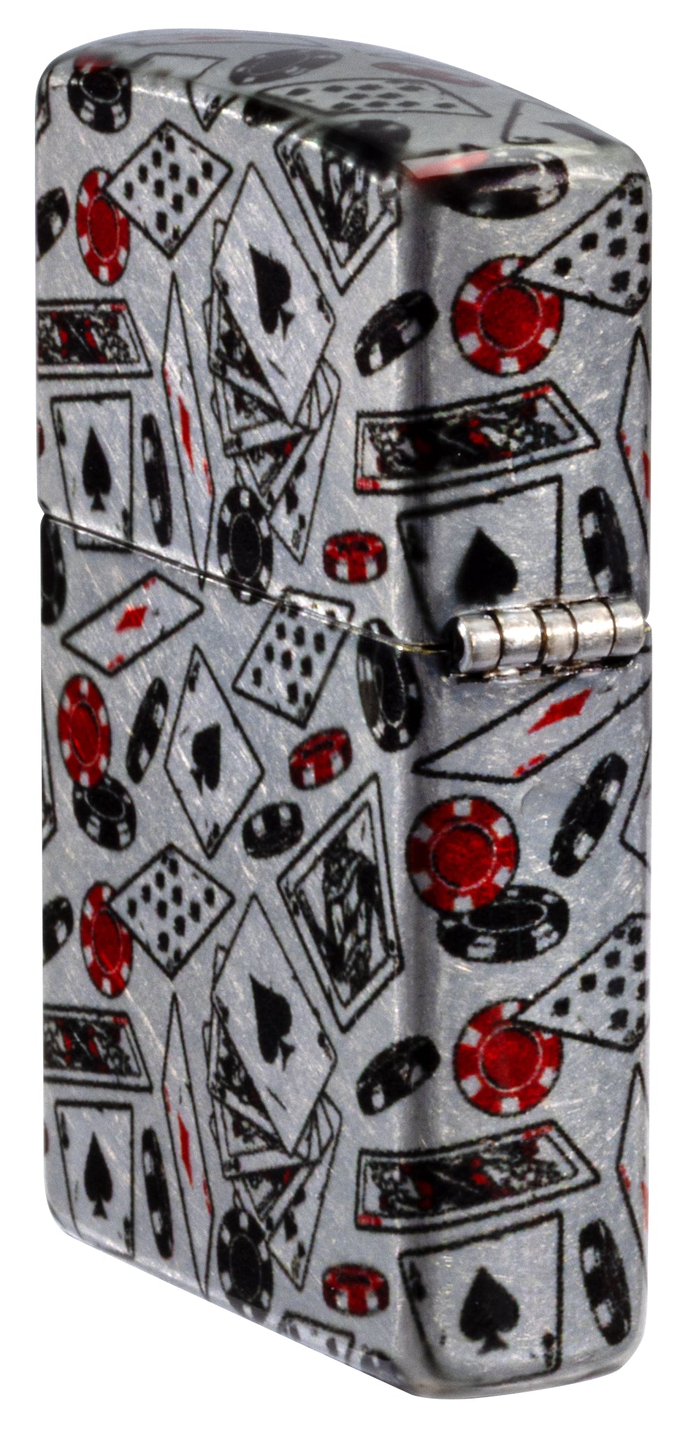 Angled shot of  Zippo Let the Chips Fall Design 540 Tumbled Chrome Windproof Lighter showing the back and hinge side of the lighter.