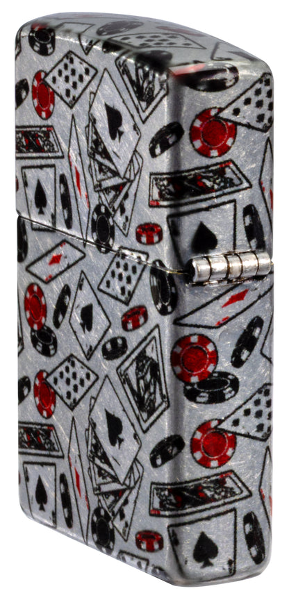 Angled shot of  Zippo Let the Chips Fall Design 540 Tumbled Chrome Windproof Lighter showing the back and hinge side of the lighter.