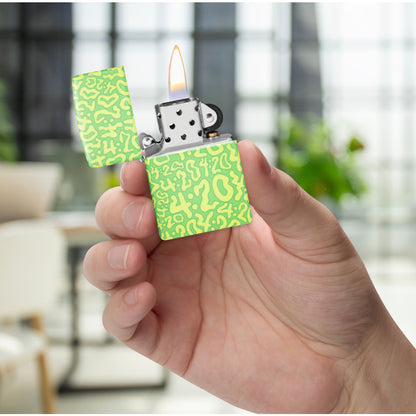 Zippo 420 Clouds Design 540 Matte Windproof Lighter lit in hand.
