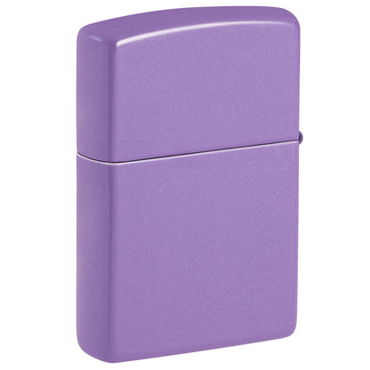 Back view of Zippo Car Chase Design Smoky Lavender Windproof Lighter standing at a 3/4 angle.