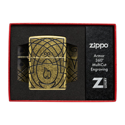Zippo Celtic Flame Design Armor® Antique Brass Windproof Lighter in its packaging.