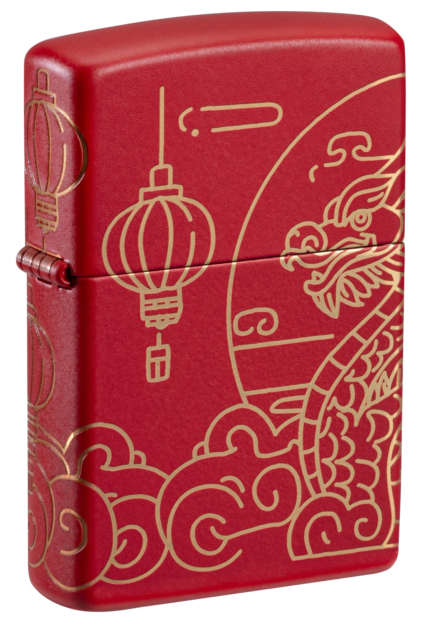 Front shot of Zippo Chinese New Year Design Red Matte Windproof Lighter standing at a 3/4 angle.