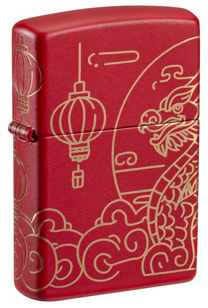 Front shot of Zippo Chinese New Year Design Red Matte Windproof Lighter standing at a 3/4 angle.