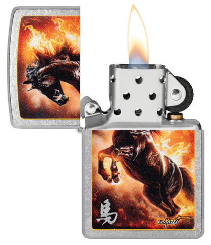 Zippo Mazzi® Fire Stallion Design Street Chrome Windproof Lighter with its lid open and lit.
