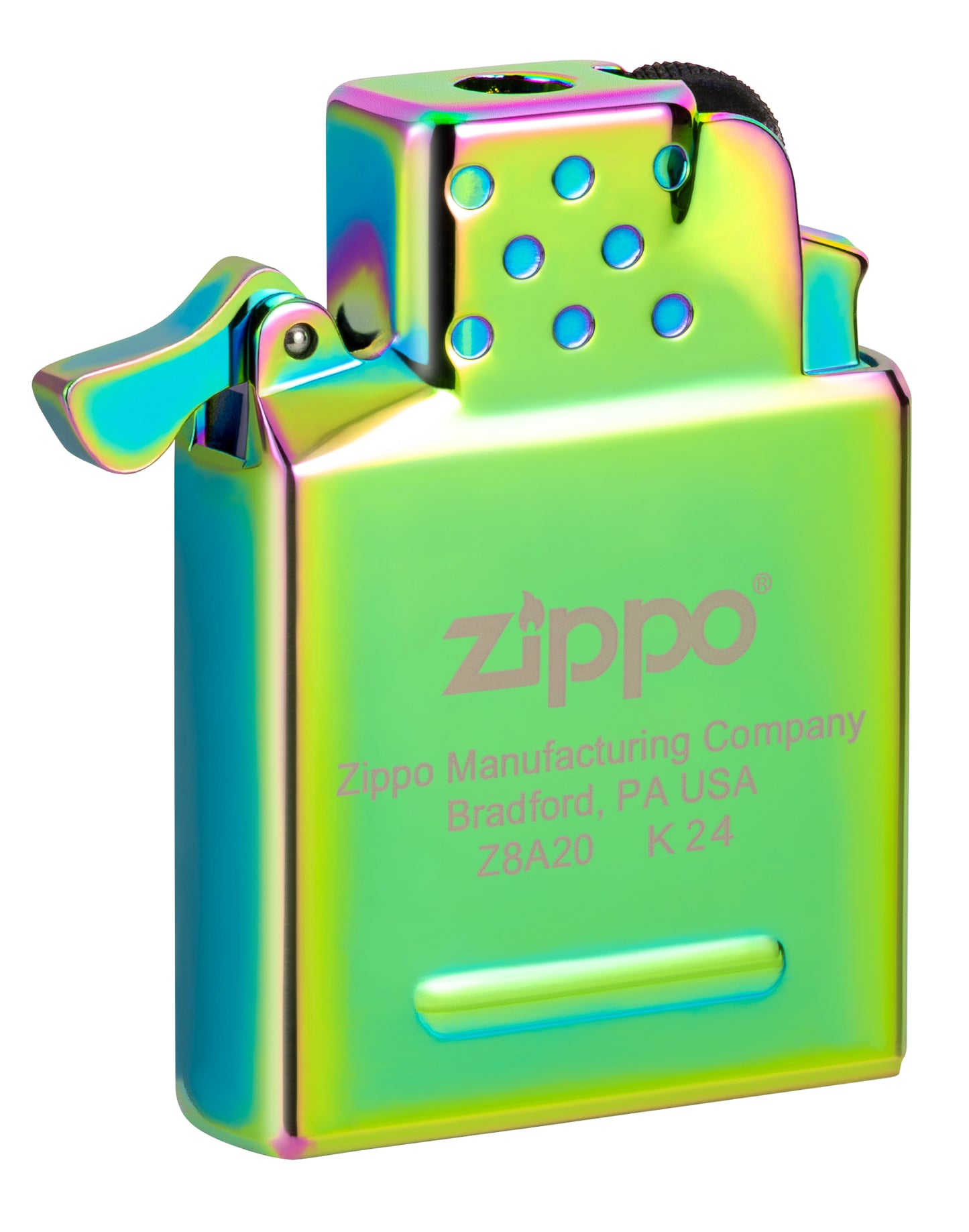 Front view of Zippo Yellow Flame Butane Insert - Green/Spectrum/Iridescent standing at a 3/4 angle.