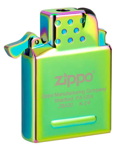 Front view of Zippo Yellow Flame Butane Insert - Green/Spectrum/Iridescent standing at a 3/4 angle.