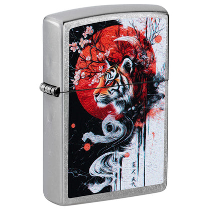 Front shot of Zippo Tiger Blossom Design Street Chrome Windproof Lighter standing at a 3/4 angle.