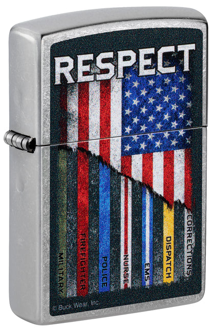 Front shot of Zippo Buck Wear Respect Design Street Chrome Windproof Lighter standing at a 3/4 angle.
