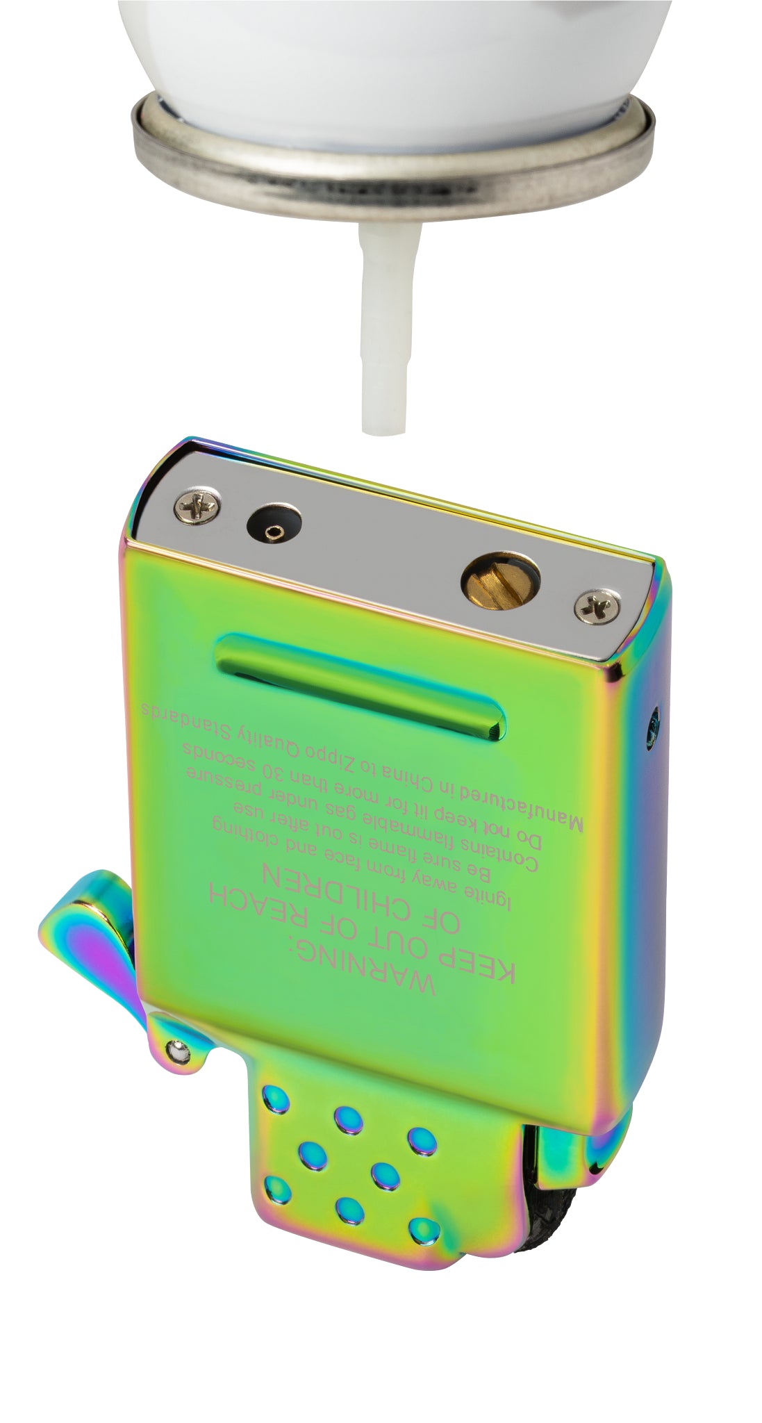 Back and bottom view of Zippo Yellow Flame Butane Insert - Green/Spectrum/Iridescent turned upside down with a can of butane above the bottom of the insert.