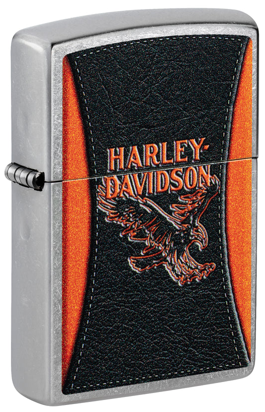 Front shot of Zippo Harley-Davidson® Leathered Eagle Design Street Chrome Windproof Lighter standing at a 3/4 angle.