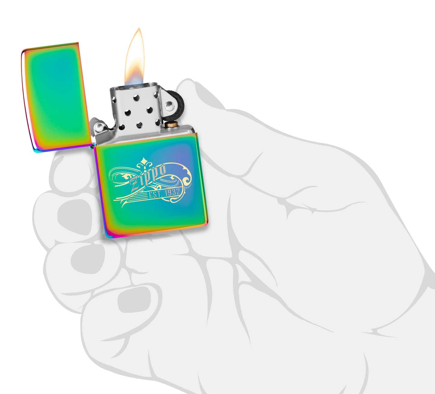 Zippo Established 1932 Design Multi Color Windproof Lighter lit in hand.
