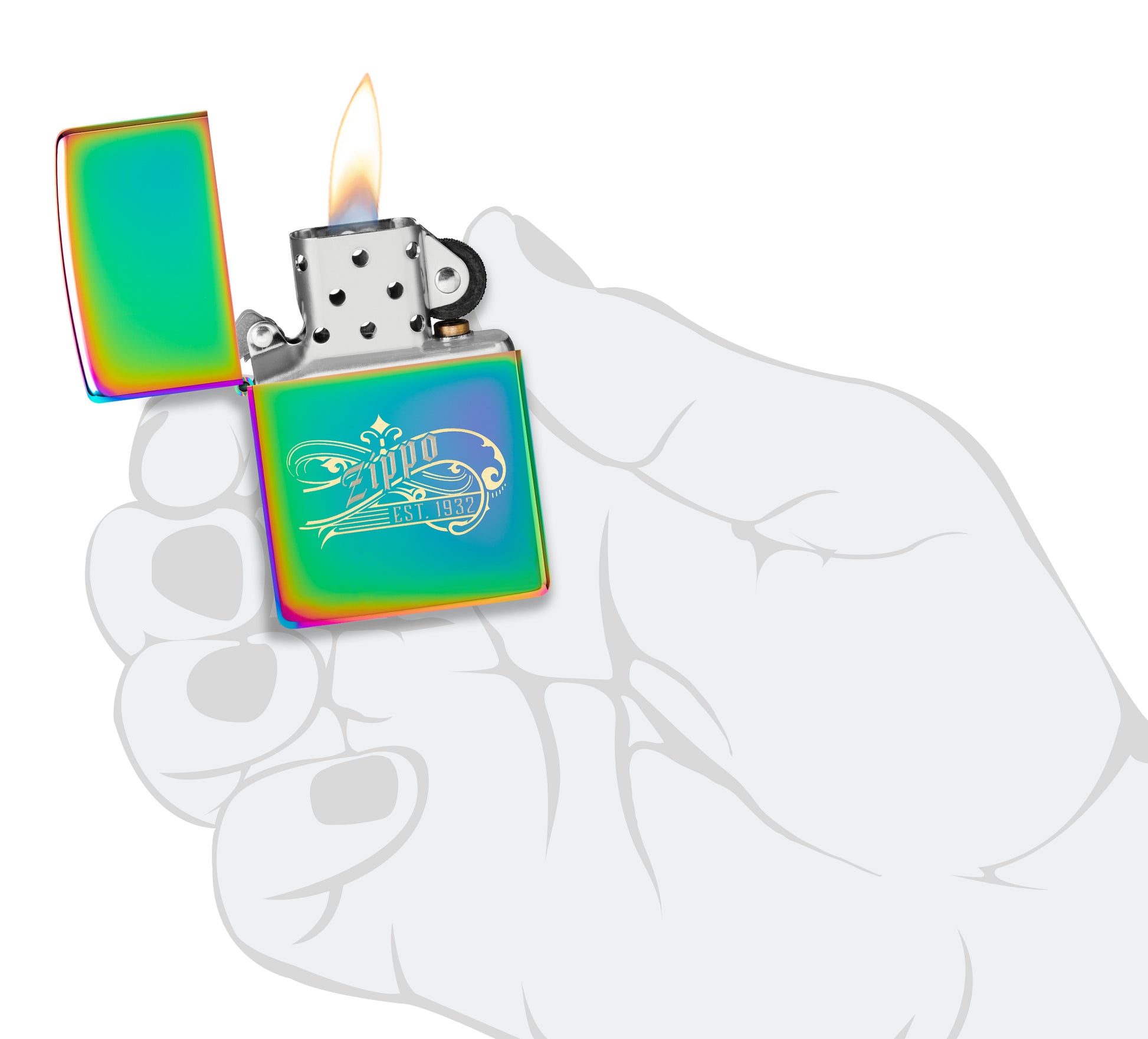 Zippo Established 1932 Design Multi Color Windproof Lighter lit in hand.