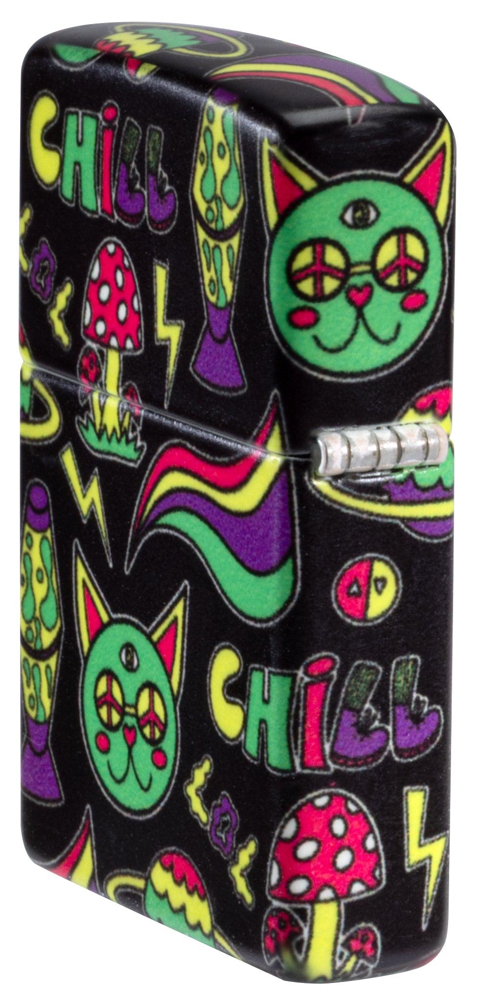 Angled shot of  Zippo Glowing Chill Design Glow-in-the-Dark Green Windproof Lighter showing the back and hinge side of the lighter.