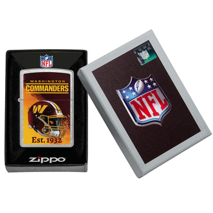 Zippo NFL Washington Commanders Helmet Design Street Chrome Windproof Lighter in its packaging.