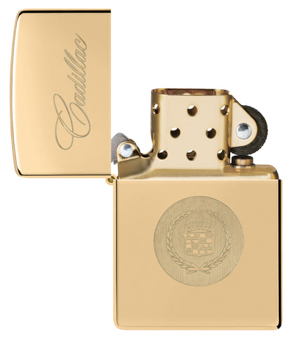 Zippo Cadillac® Crest  High Polish Brass Windproof Lighter with its lid open and unlit.