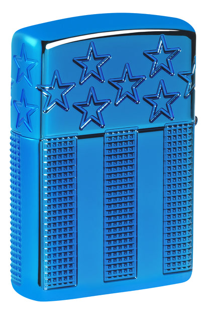 Back view of Zippo Stars and Stripes Design Armor® High Polish Blue Windproof Lighter standing at a 3/4 angle.