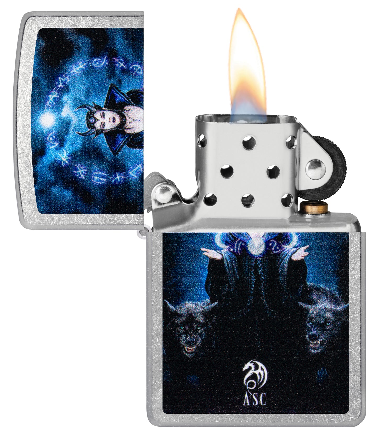 Zippo Anne Stokes Moon Witch Design Street Chrome Windproof Lighter with its lid open and lit.