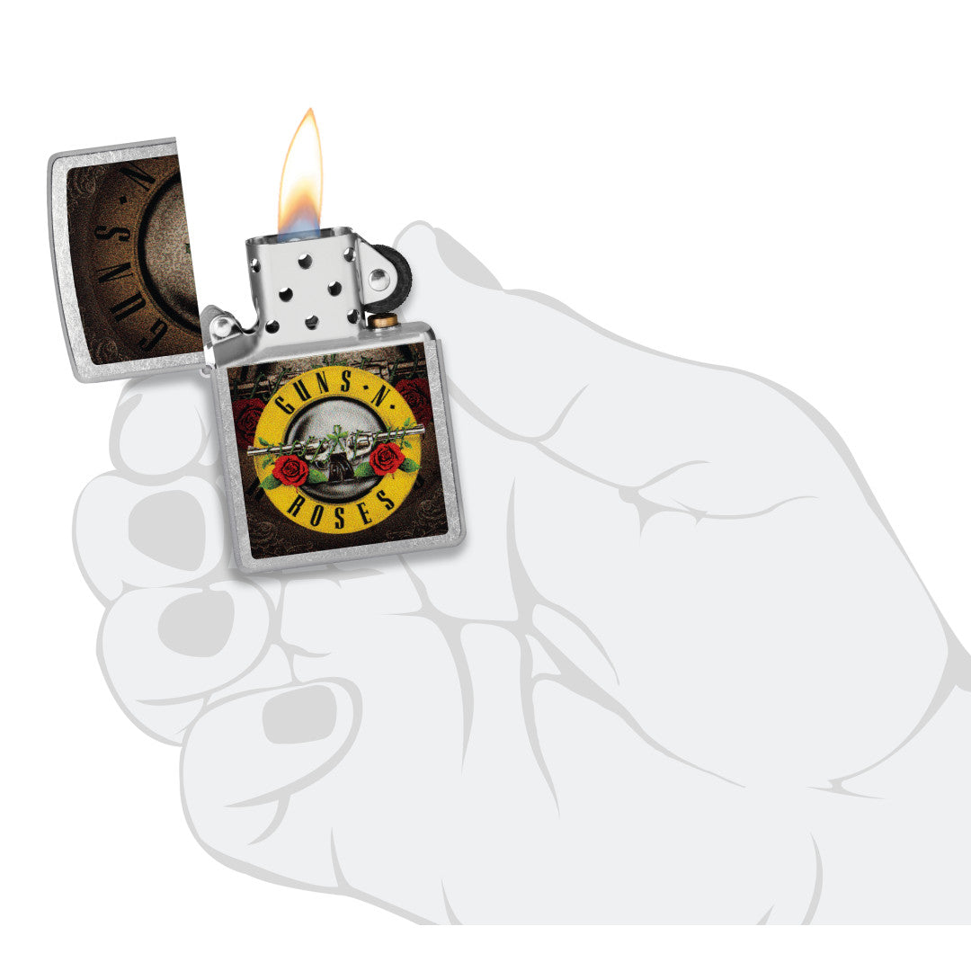 Zippo Guns N' Roses Logo Design Street Chrome Windproof Lighter lit in hand.