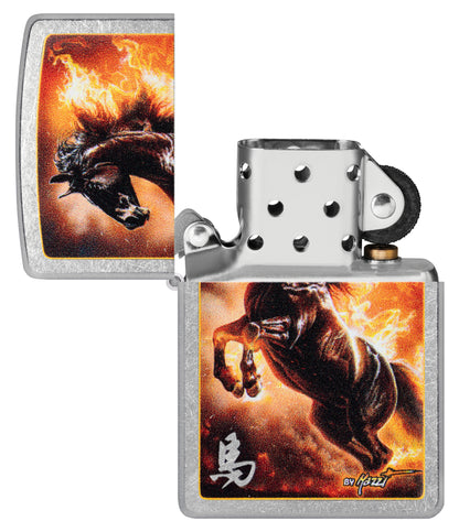 Zippo Mazzi® Fire Stallion Design Street Chrome Windproof Lighter with its lid open and unlit.