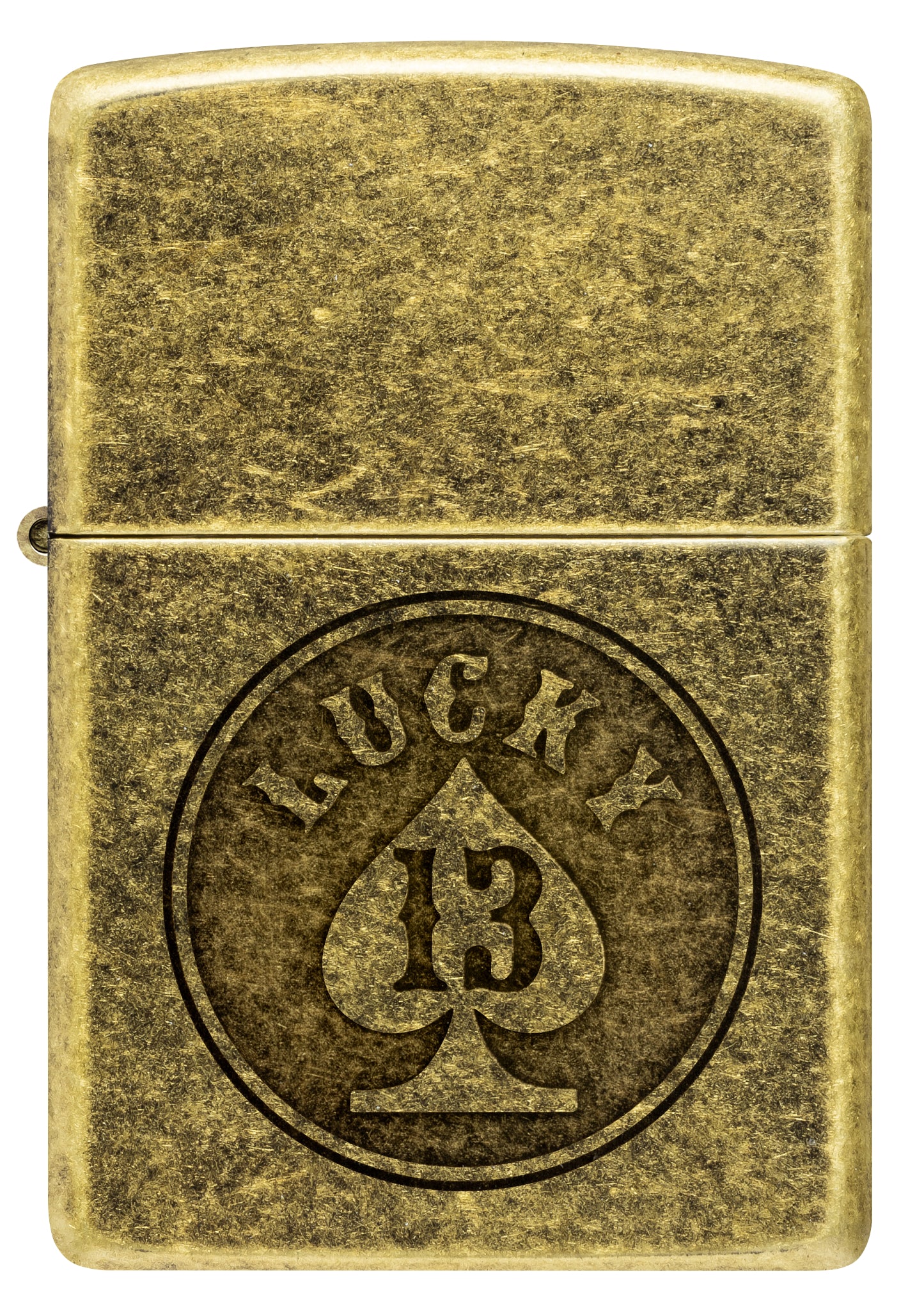 Front view of Zippo Lucky 13 Design Antique Brass Windproof Lighter.