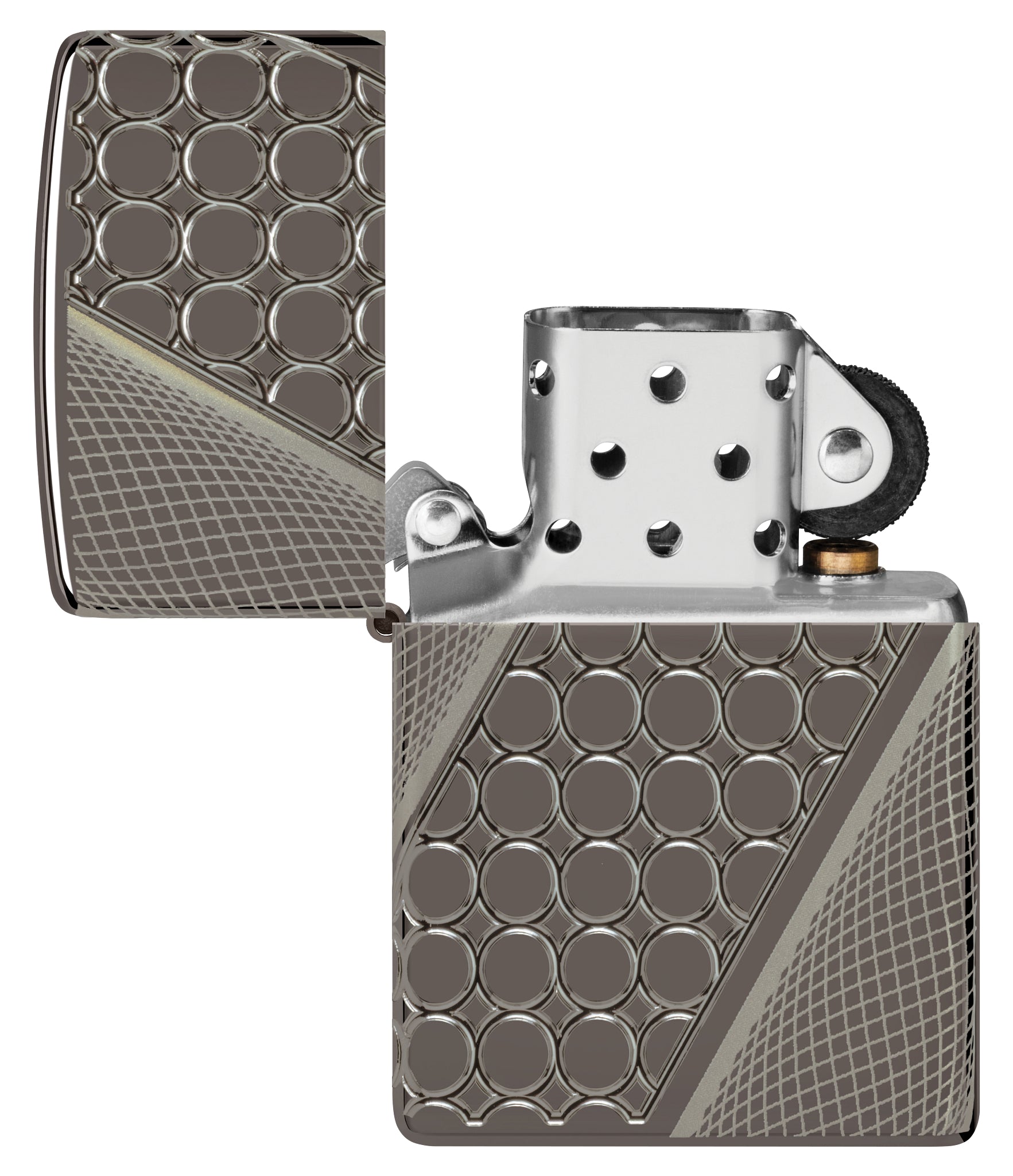 Zippo Deep Dots Design Armor® Black Ice® Windproof Lighter with its lid open and unlit.