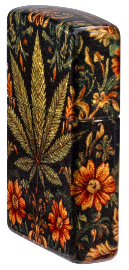 Angled shot of  Zippo Cannabis Tapestry Design Tumbled Brass Windproof Lighter showing the front and non-hinge side of the lighter.