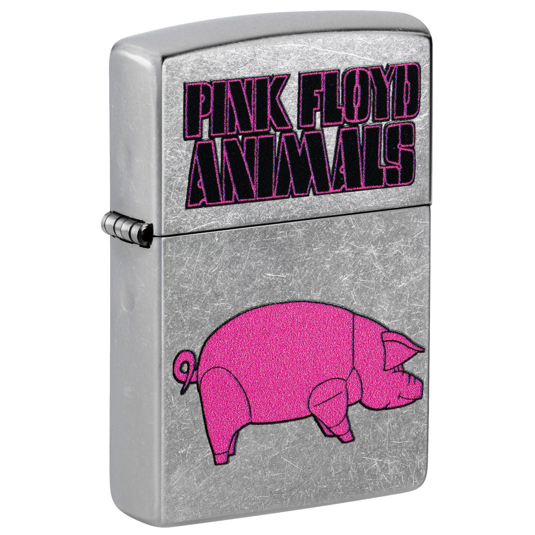 Front shot of Zippo Pink Floyd Animals Design Street Chrome Windproof Lighter standing at a 3/4 angle.