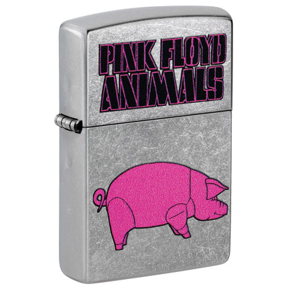 Front shot of Zippo Pink Floyd Animals Design Street Chrome Windproof Lighter standing at a 3/4 angle.