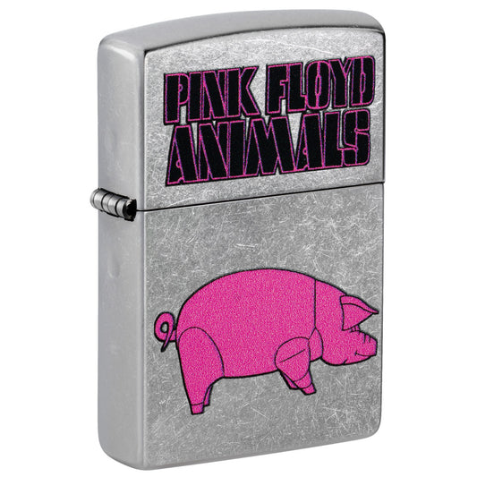 Front shot of Zippo Pink Floyd Animals Design Street Chrome Windproof Lighter standing at a 3/4 angle.