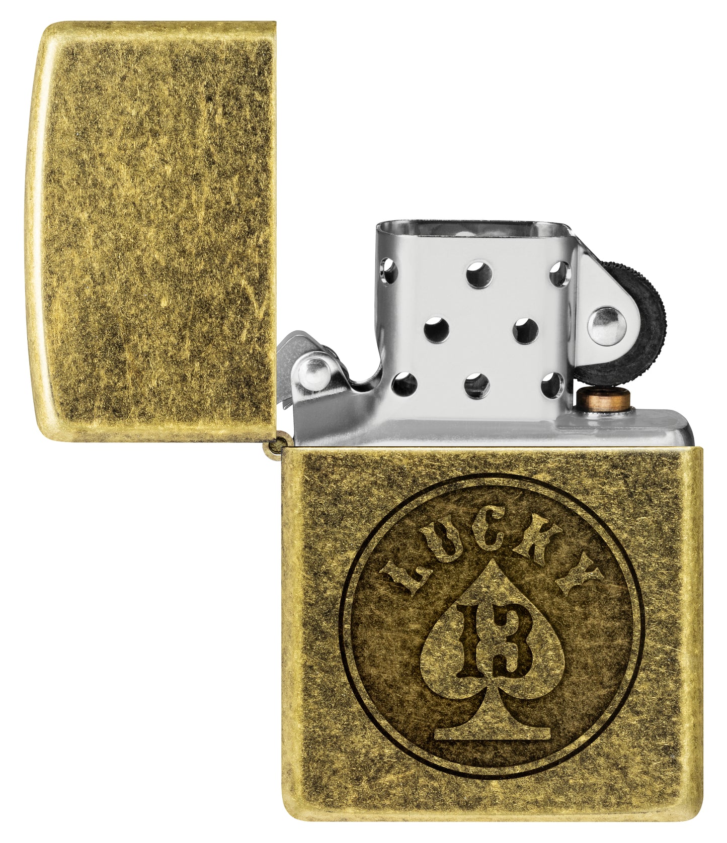 Zippo Lucky 13 Design Antique Brass Windproof Lighter with its lid open and unlit.